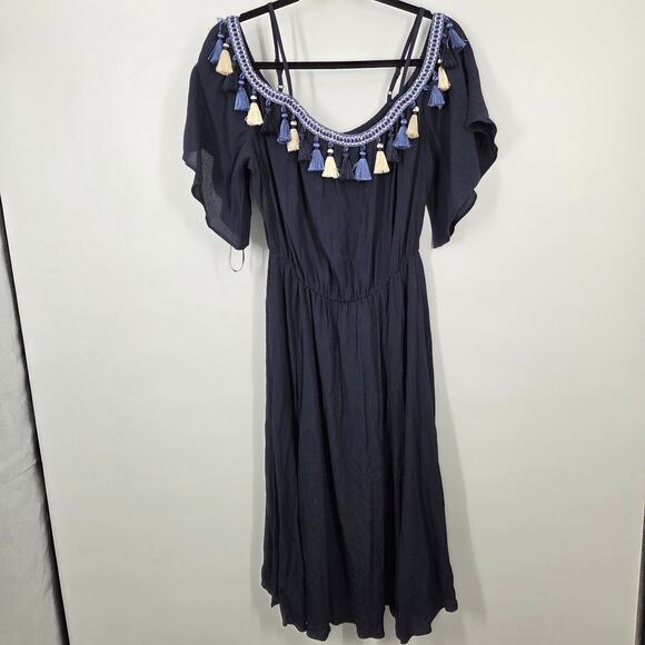 Tularosa Fiesta Size M Navy Tassel Trim Dress Off The Shoulder A Line Whimsigoth - Picture 1 of 6